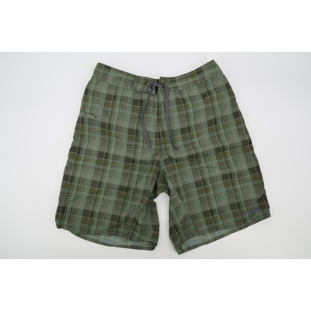 Patagonia Men's 32 Wavefarer Board‎ Shorts Swim Green Plaid Nylon Surf